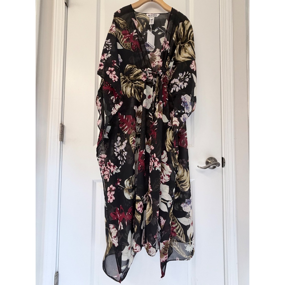 Walter Baker Tulum Caftan Tropical Print Black Floral V-Neck Cover Up O/S NEW